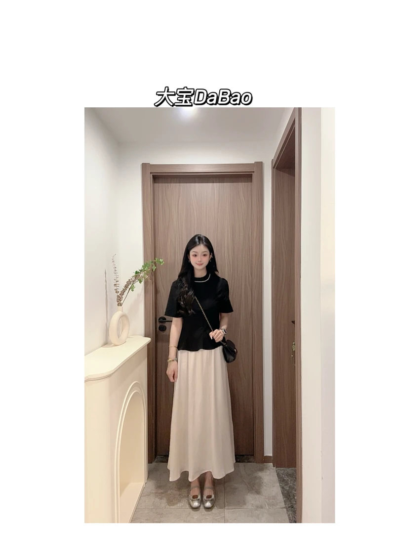 【DA BAO】2025夏季新款法式气质轻奢黑色修身上衣高腰半身裙套装