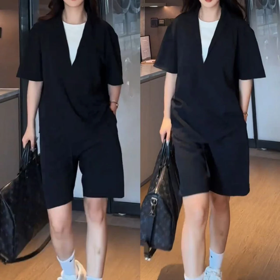 夏季新款男士时尚百搭假两件短袖衬衫短裤简约休闲运动套装K773