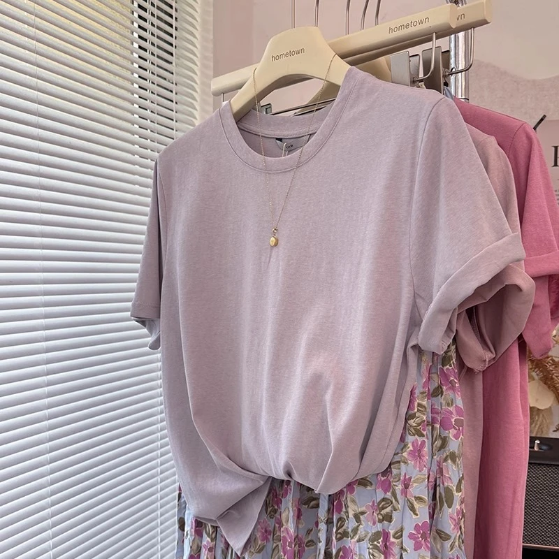 正肩直筒显瘦凉爽雪花棉短袖T恤女夏季薄款大码纯色上衣200斤