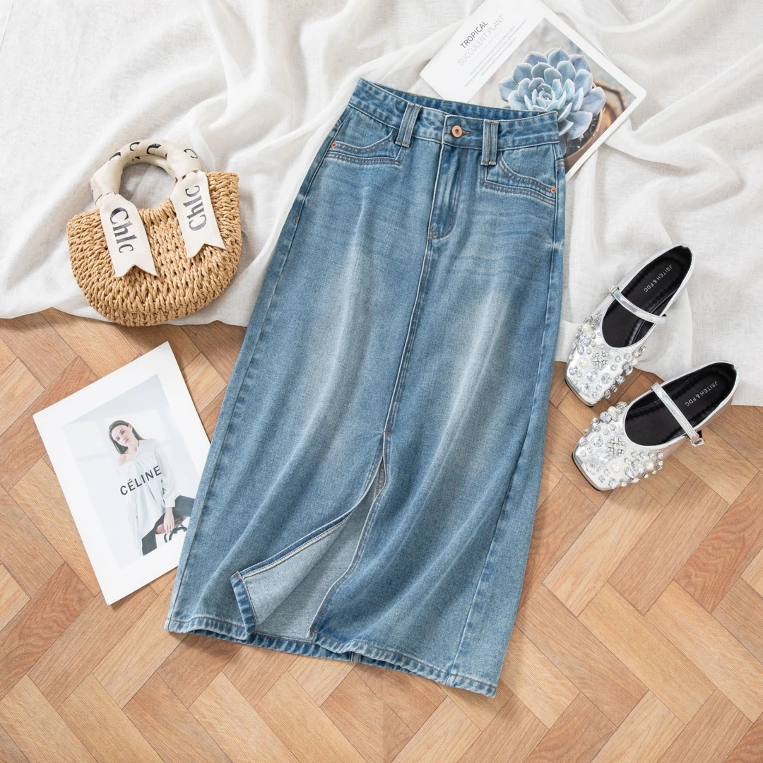 前开叉中长裙女2025新款高腰显瘦牛仔裙A字版小个子宽松夏季裙子