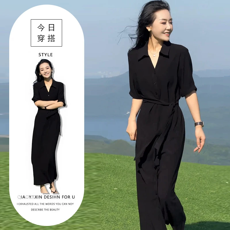 2025夏季新款黑色赫本风洋气收腰显瘦长裙女神高冷御姐风连衣裙潮