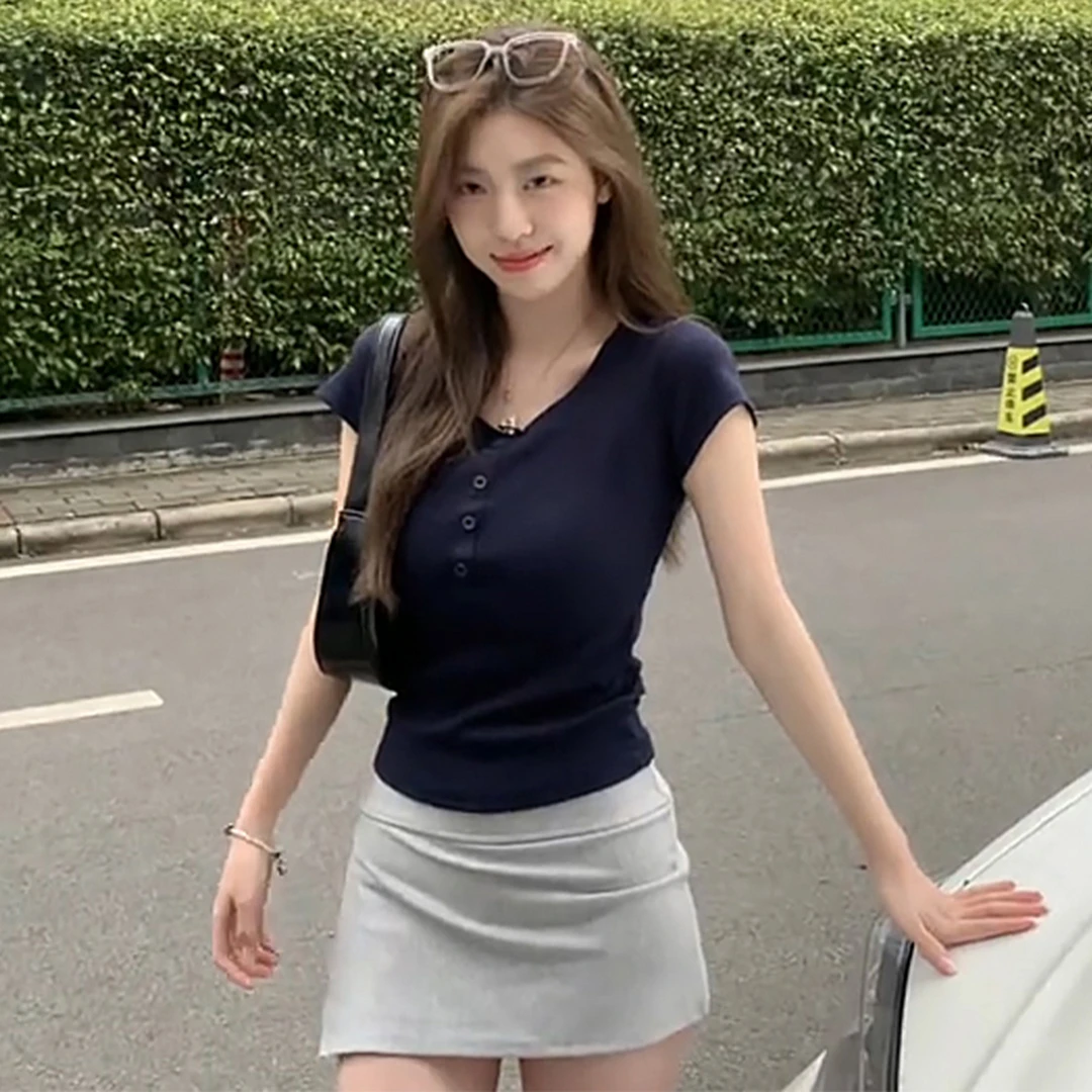 韩系chic正肩短袖女夏季新款甜辣T恤气质修身显瘦短款上衣0900