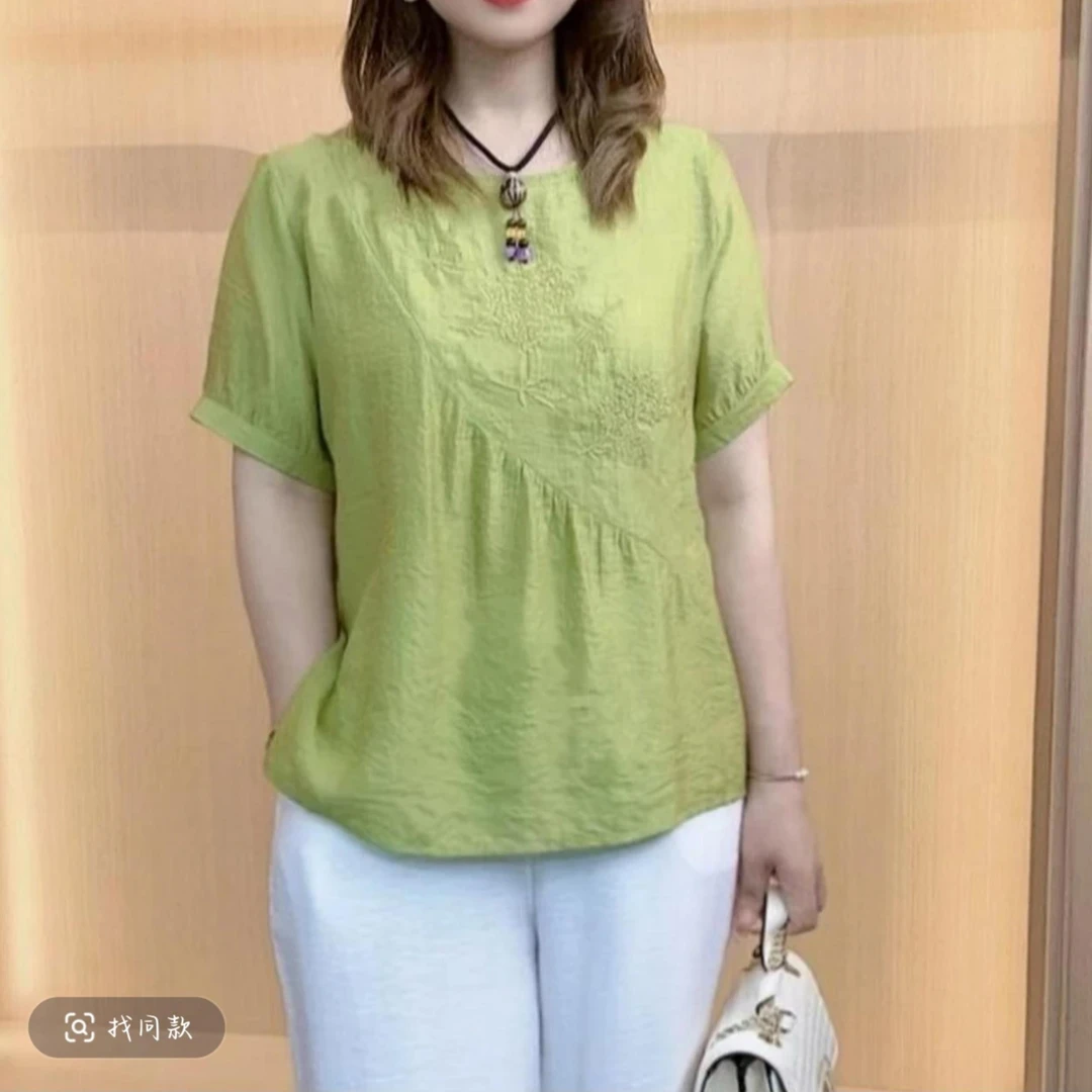 2025春季新款冰丝刺绣百搭宽松妈妈上衣小衫薄款起皱冰丝绉上衣女