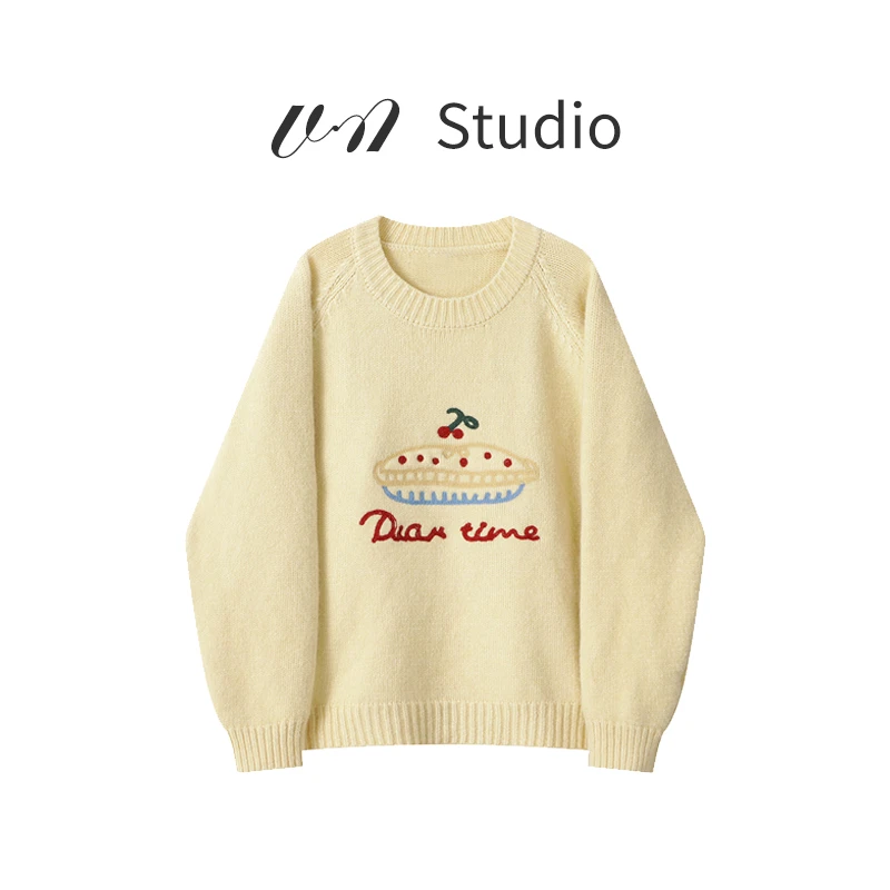 秋冬系慵懒风圆领甜美套头刺绣针织毛衣女士秋冬季设计感宽松上衣