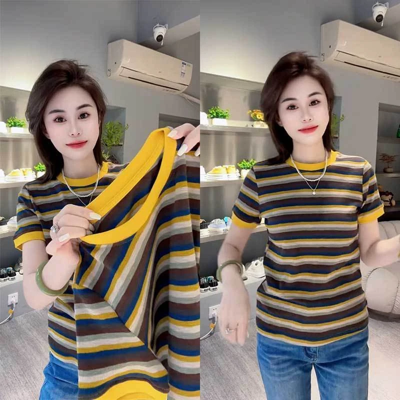 2025夏新款短袖T恤女宽松款百搭复古设计感时尚洋气条纹半袖上衣