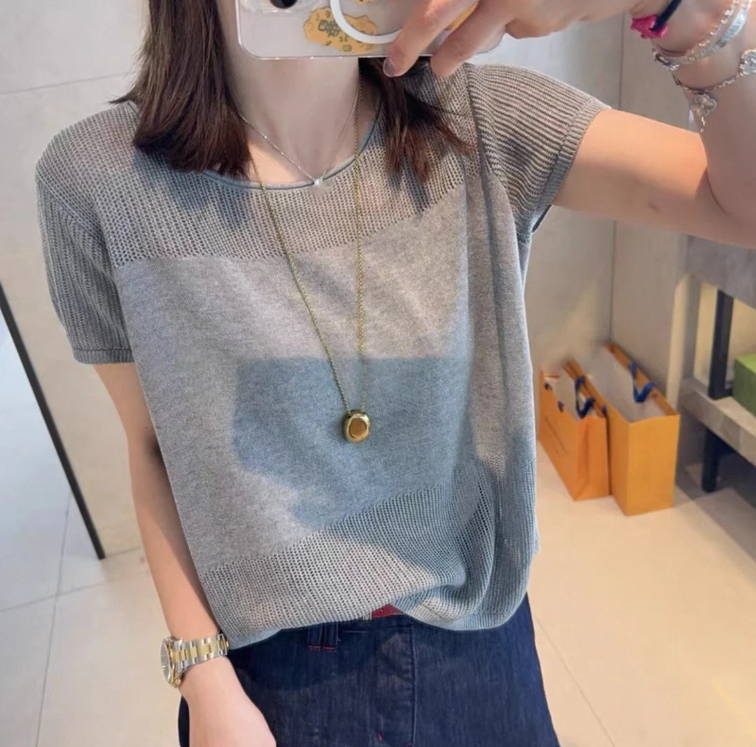 设计感洋气针织短袖T恤女2025新款夏季穿搭薄款宽松显瘦镂空上衣