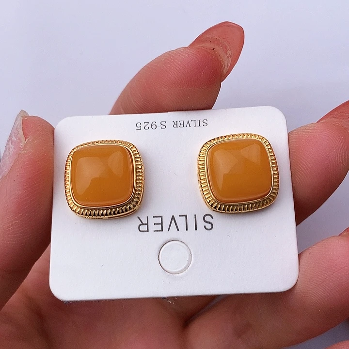 蜜蜡耳饰银S925镶嵌耳饰