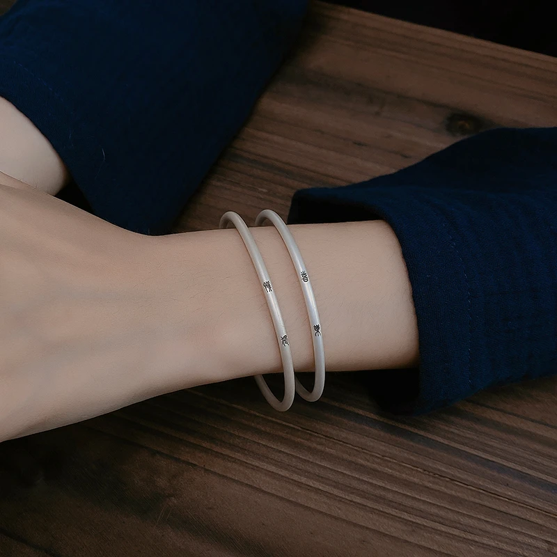 S999纯银平安喜乐手镯女银镯子小众饰品素圈母亲