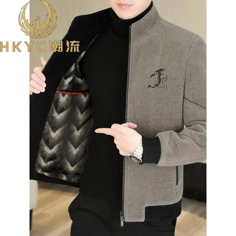 HKYC休闲加厚男皮外衣短款里衬青年男保暖短立领夹克新款秋冬季