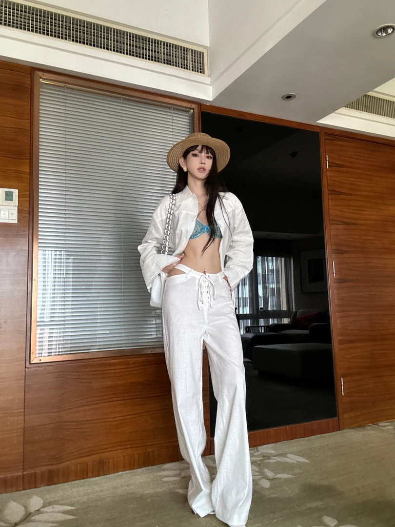 ChiclyNana 欧美辣妹穿搭套装翻领长袖白色衬衫镂空阔腿裤两件套