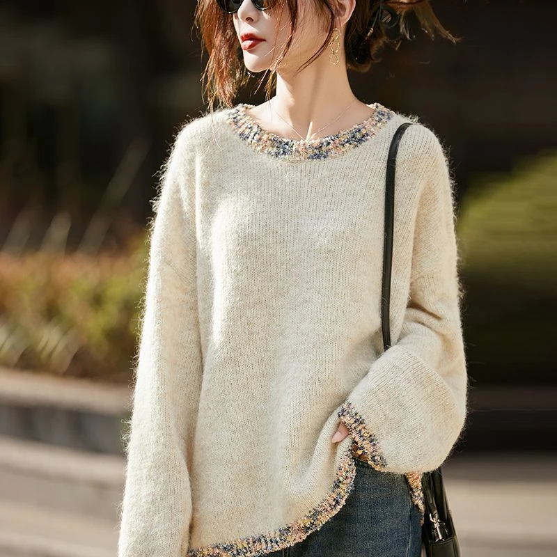 100%正品撤柜羊毛衫绣花小香风针织打底衫秋冬新款宽松套头毛衣