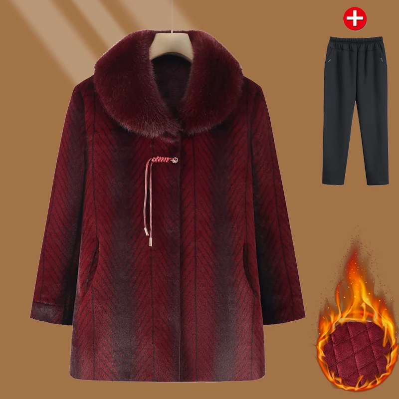 中年妈妈秋冬装中长款大衣外套洋气中老年女冬装皮毛一体加厚加绒