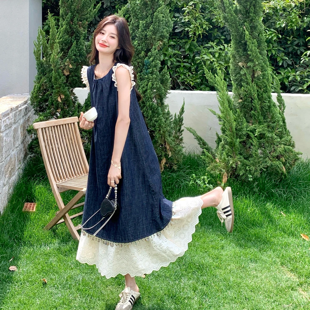 藏青色洋气连衣裙女夏季新款温柔减龄小个子拼接裙摆牛仔裙连衣裙