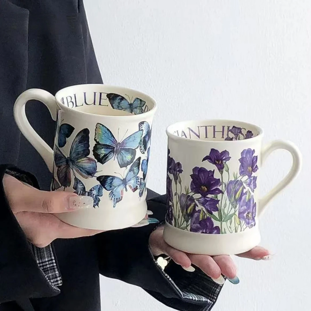 陶瓷法式釉下彩复古咖啡杯小众办公室水杯陶瓷马克杯高级早餐杯