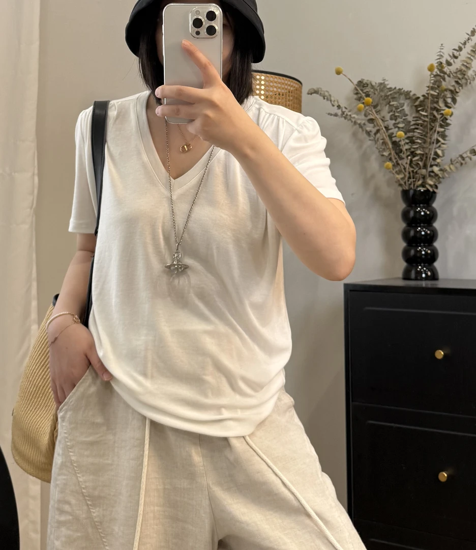 【赖老板】天丝羊毛短袖V领宽松纯色常规T恤打底衫百搭老钱风