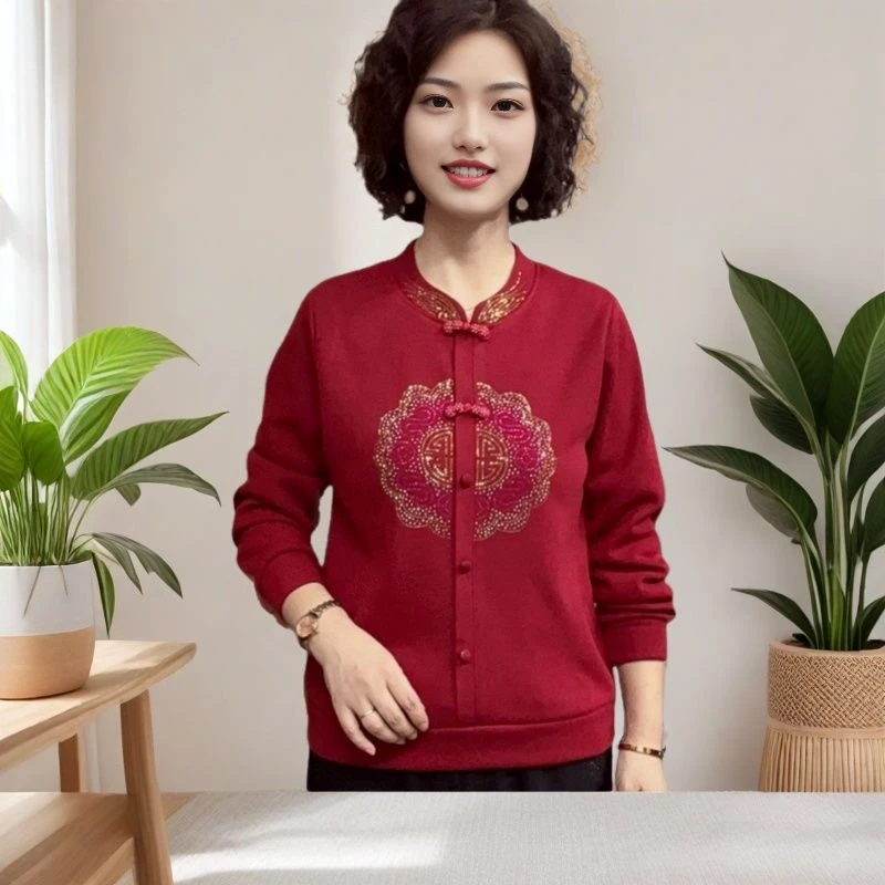 新中式改良妈妈装春秋打底小衫女2025新款中老年时尚洋气长袖T恤