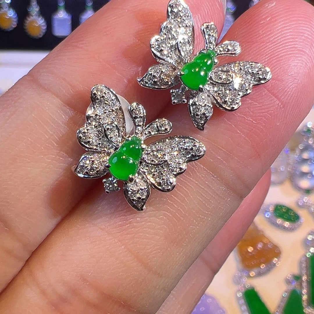 翡翠耳饰18K金镶嵌高冰种阳绿葫芦 蝴蝶耳饰