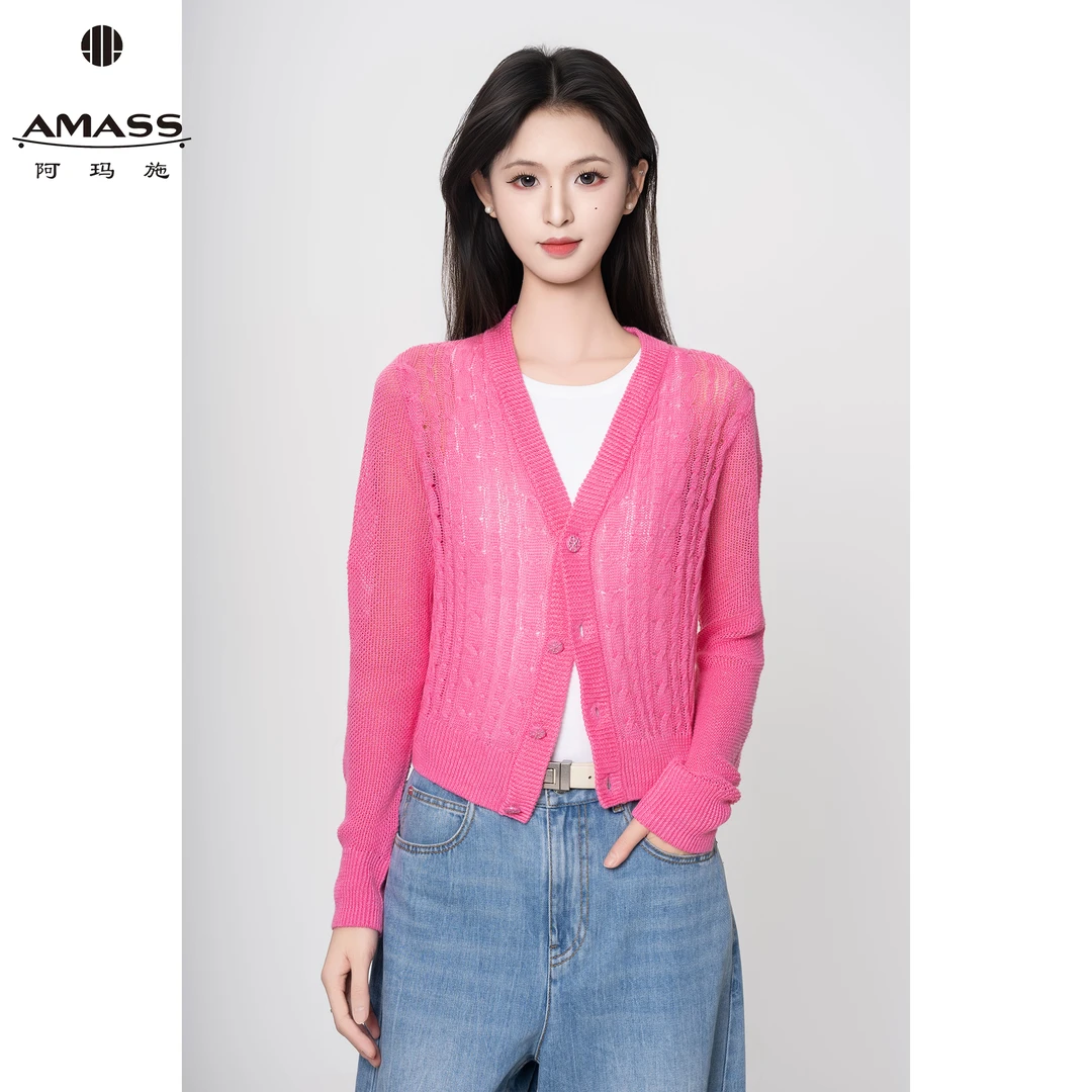 AMASS/阿玛施春夏镂空亚麻针织开衫女气质单排扣短款上衣 5499211