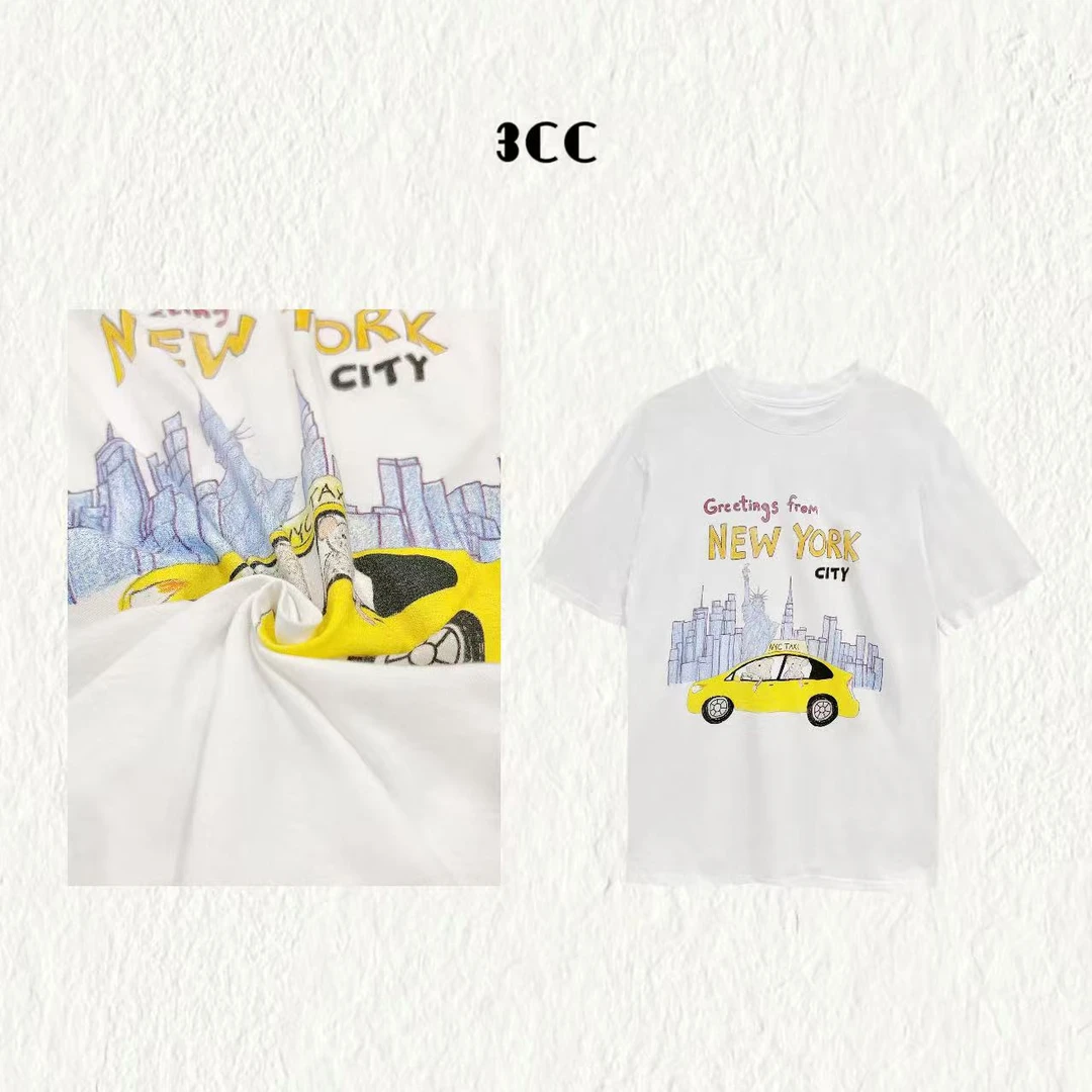 3CC【纽约艺术】手绘趣味涂鸦纯棉圆领短袖纯棉重工T恤上衣8832
