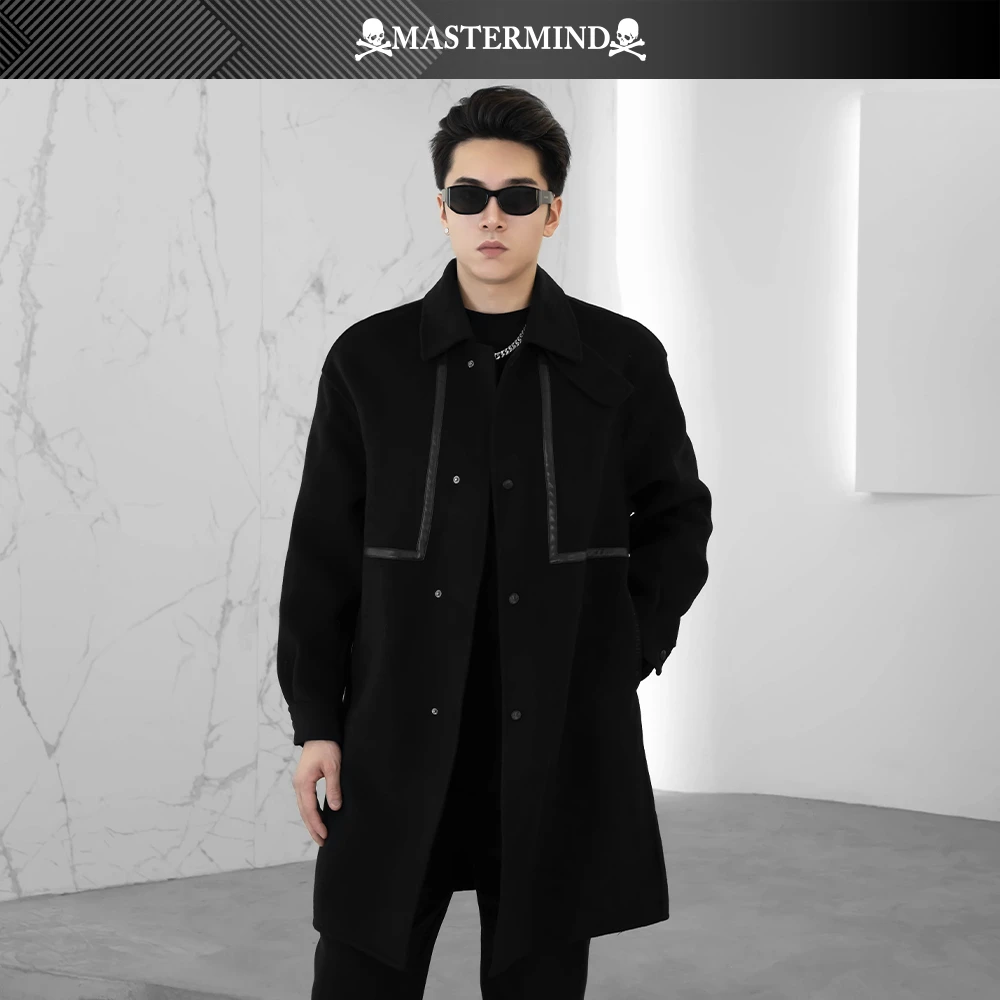 MASTERMIND PANDA暗黑潮牌秋冬款中长款翻领毛呢大衣黑色MJ24036