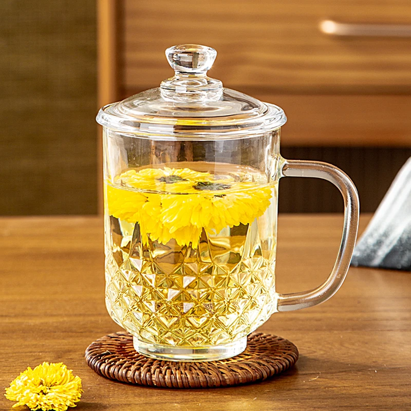 家用透明带盖玻璃泡茶杯子茶水杯喝水杯耐热带把绿茶杯女士办公杯