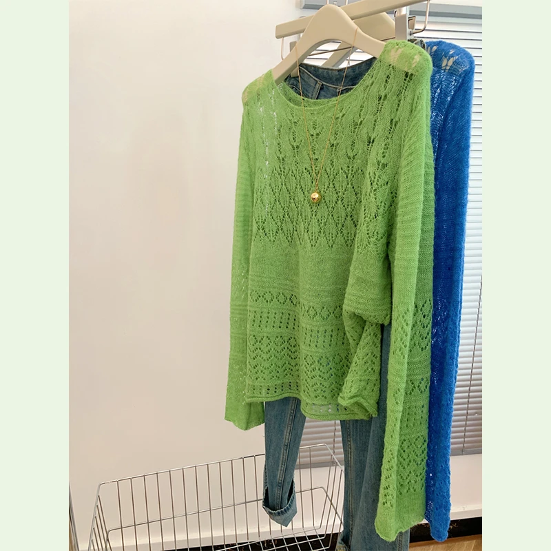 绿色网织镂空长袖针织衫上衣女士别致绝美罩衫宽松慵懒风2025新款