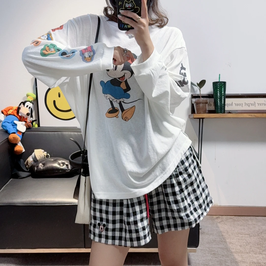 2025新款超柔软白色圆领长袖米奇T恤女宽松显瘦垂感亲肤无感印花