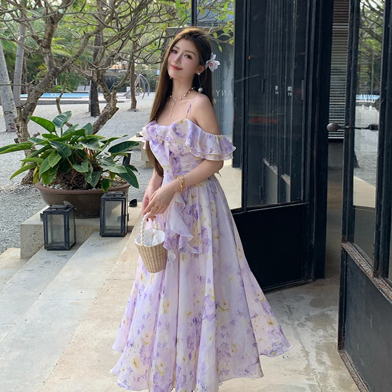 冰冰来了【四月花物】语度假风荷叶边印花收腰连衣裙27078