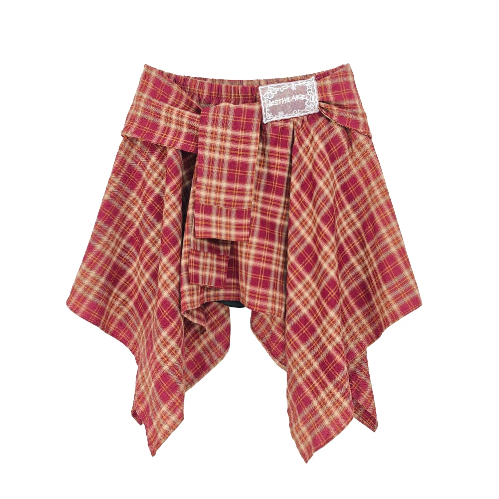 格子半身裙不规则设计高腰显瘦复古百搭短裙蕾丝刺绣红色格纹夏