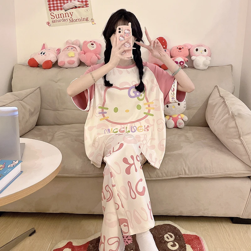 女童睡衣夏季纯棉短袖长裤女孩12中大童学生15外穿家居服全棉套装