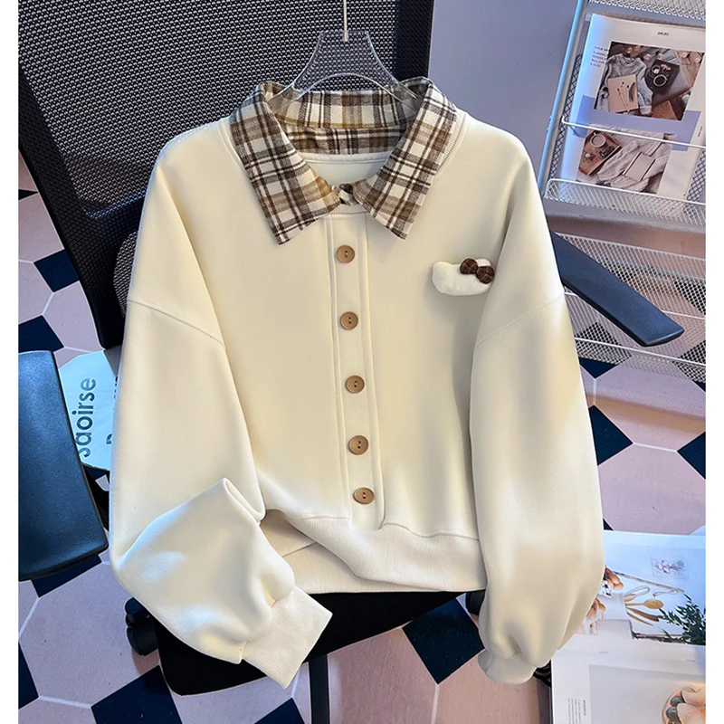 甜美减龄格子polo领拼接假两件卫衣女士春秋爆款气质宽松长袖外套
