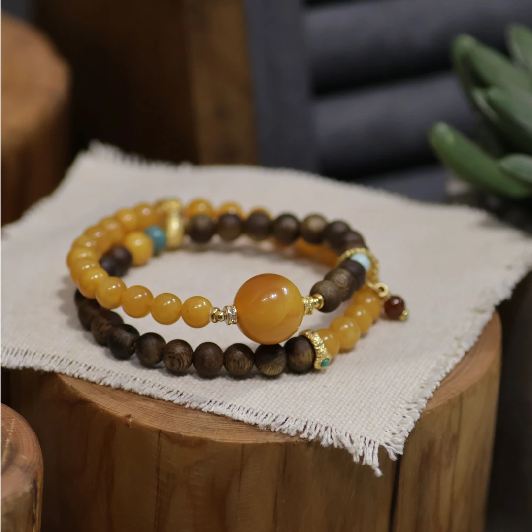 沉香今喜原创设计沉香蜜蜡双圈手串J1095【多样性发一】珠径6+mm