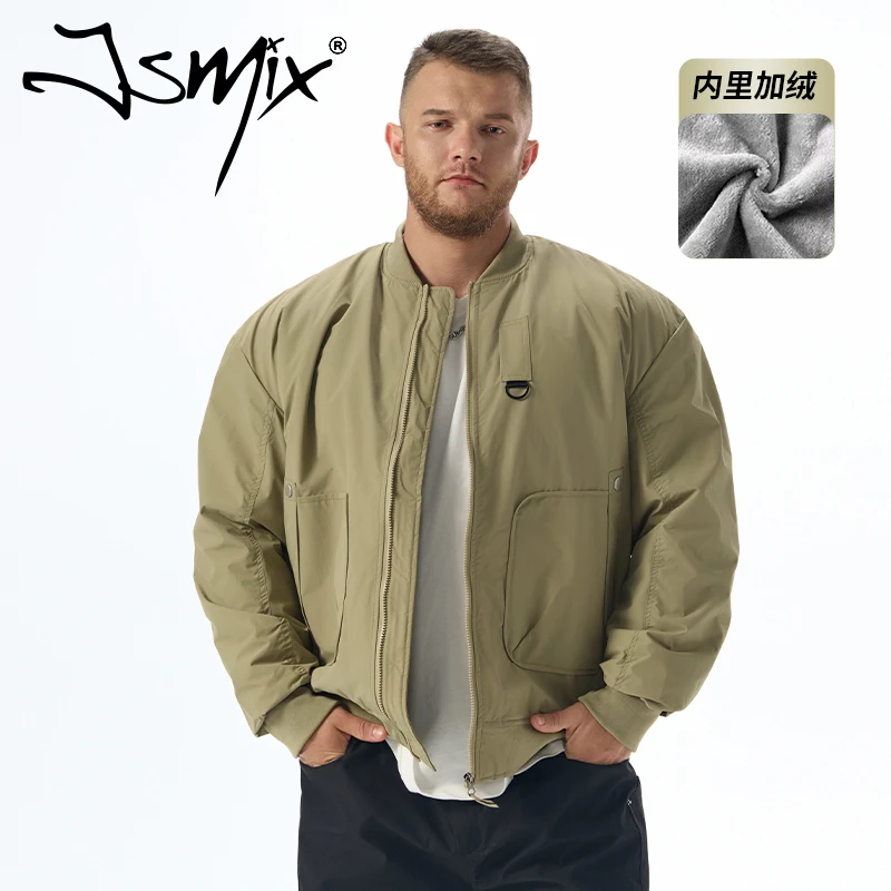 Jsmix机车夹克外套男秋冬加厚加绒立领潮牌大码胖子宽松休闲工装