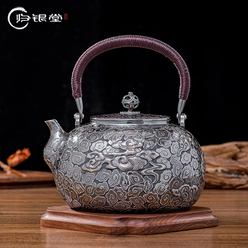 归银堂足银999复古祥云烧水壶大容量手工茶壶煮水壶GS-HCH201115