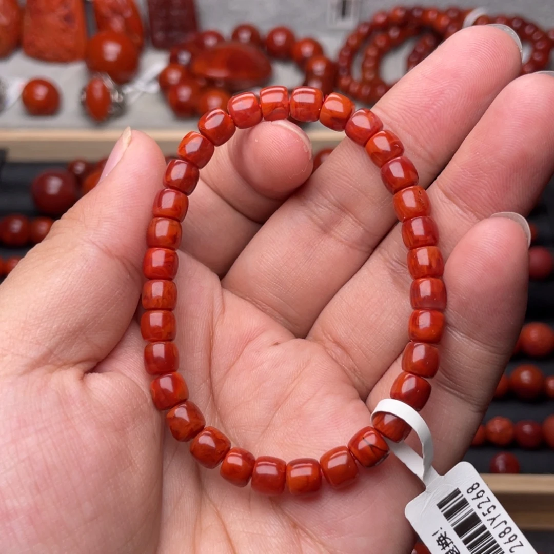 南红玛瑙未镶嵌手链6.6mm顶品瓦西满肉牛血火焰直切老型
