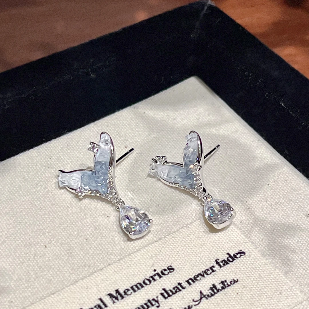 铜合金合成锆石耳饰 【深海鱼尾】可爱ins韩版甜美镶嵌耳钉A1239