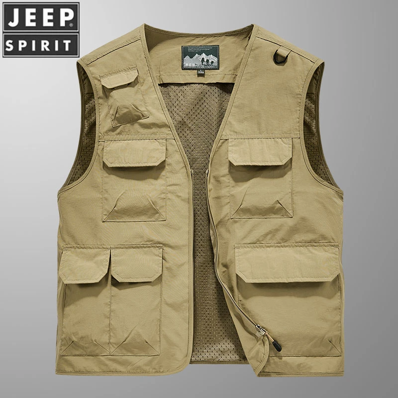 JEEPSPIRIT/吉普工装马甲夹克男休闲春秋季宽松型无袖多口袋上衣