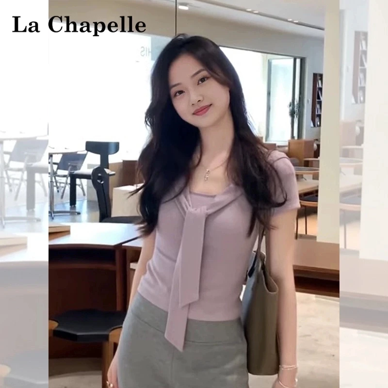 2025新款法式纯色假两件披肩设计短袖t恤女夏季修身显瘦上衣