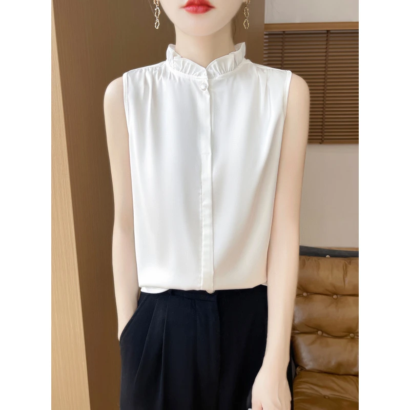 【运费补贴】100%桑蚕丝木耳领木耳边高弹缎面设计无袖背心9YTMA55