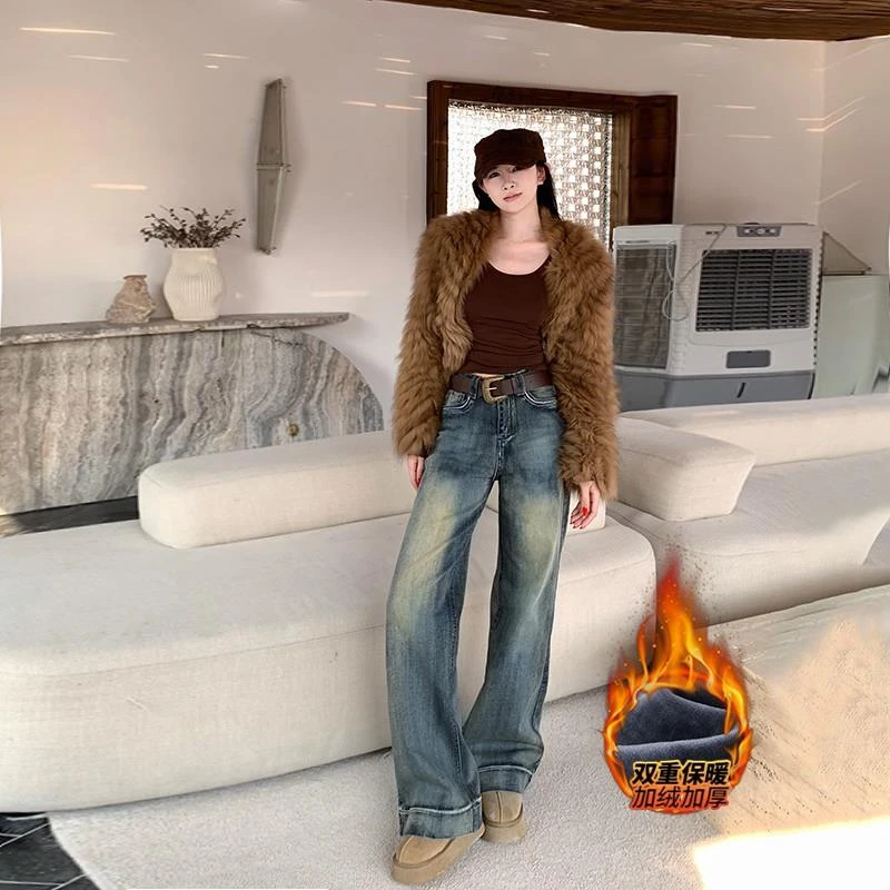 复古怀旧风不贴腿加绒微喇牛仔裤女秋冬高腰百搭显瘦拖地喇叭裤子
