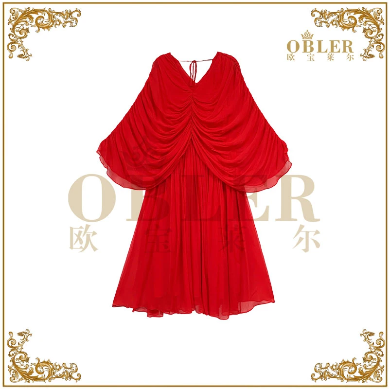 【欧宝莱尔】2025早春新款红色抽褶V领长袖长款连衣裙61-2522迎风