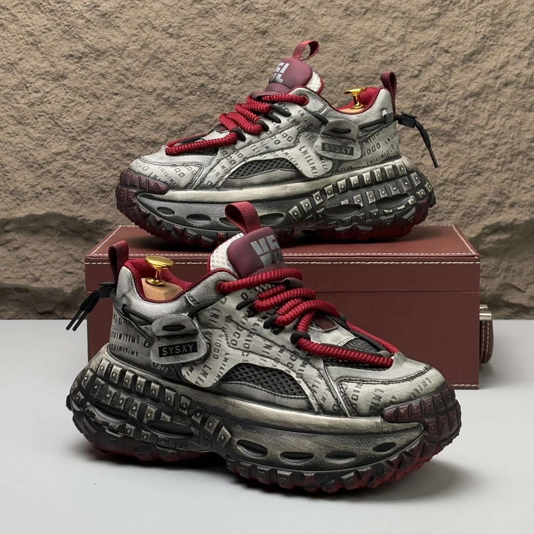 欧洲站2025春季新款做旧风时尚休闲老爹鞋厚底增高版男鞋个性百搭