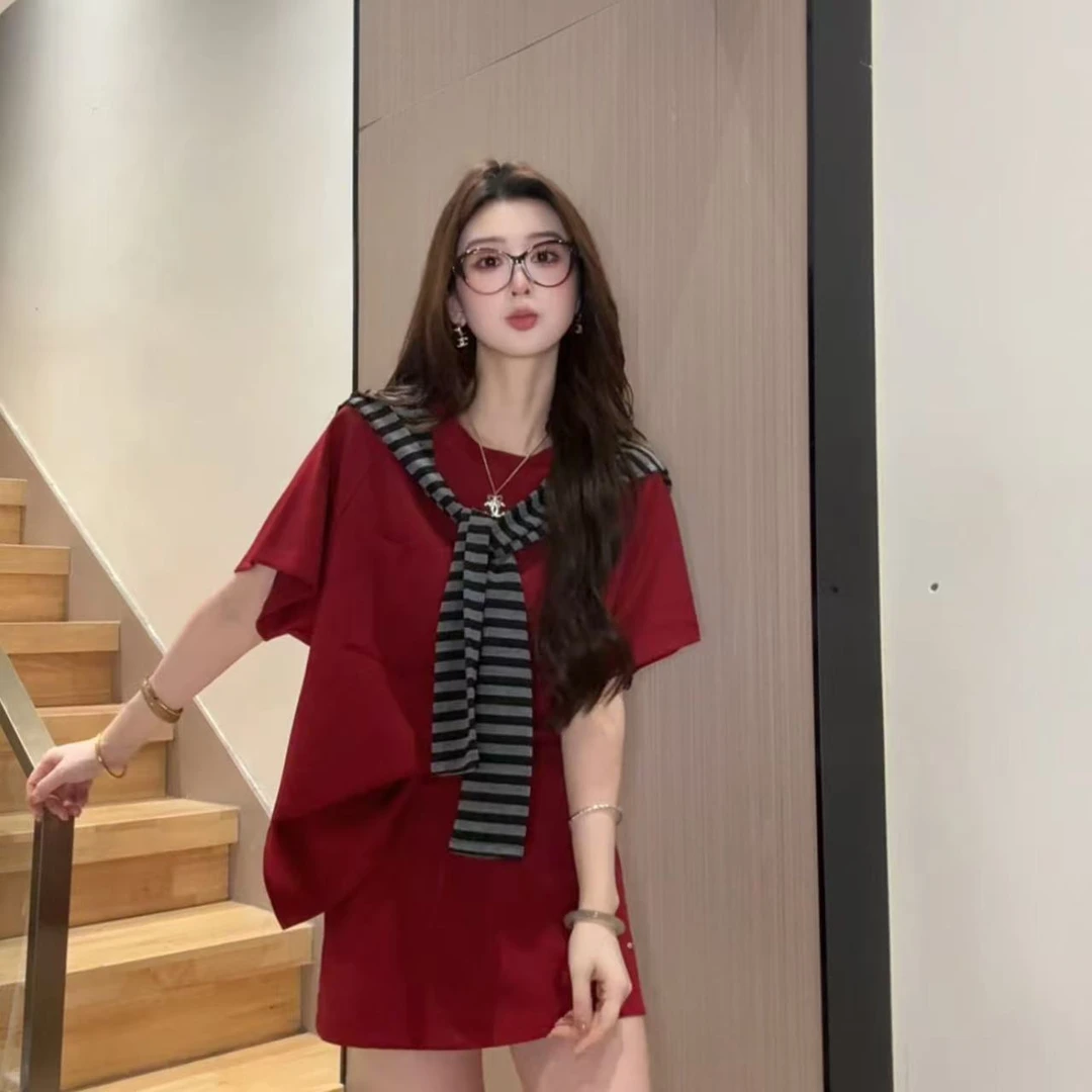 2025夏季新款纯色T恤套装休闲韩系百搭高级简约宽松套装减龄条纹