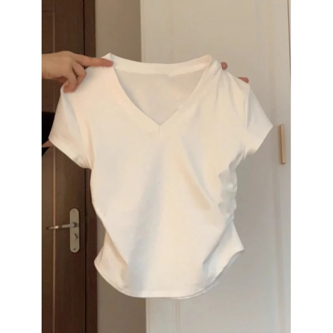 CKKOR夏季新款穿搭短款V领短袖t恤女褶皱显瘦修身纯欲设计感上衣