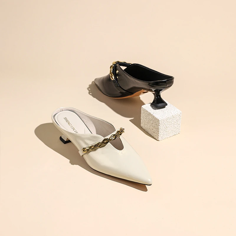 圣琳妃/牛皮/4CM法式尖头夏季百搭链条半拖鞋包头凉拖鞋D20144