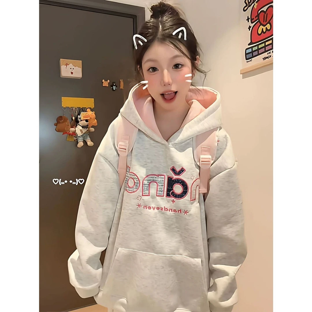 拼色连帽刺绣卫衣女秋冬加绒加厚美式复古潮牌宽松休闲套头外套潮