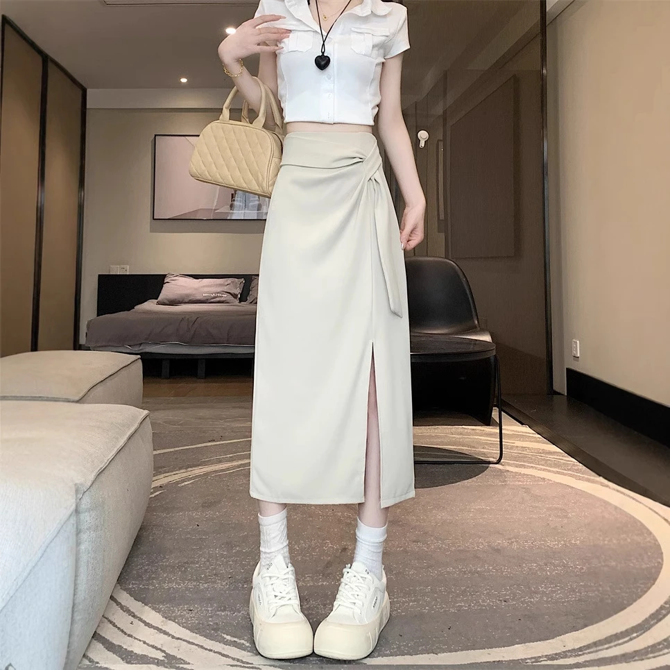 不规则小个子西装半身裙女夏绑带高腰A字一步裙侧开叉褶皱包臀裙