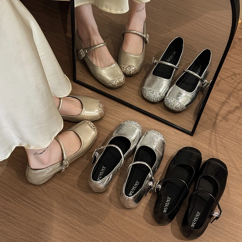 4.5cm内增高法式浅口银色玛丽珍鞋女2025新款夏季一字带软底单鞋