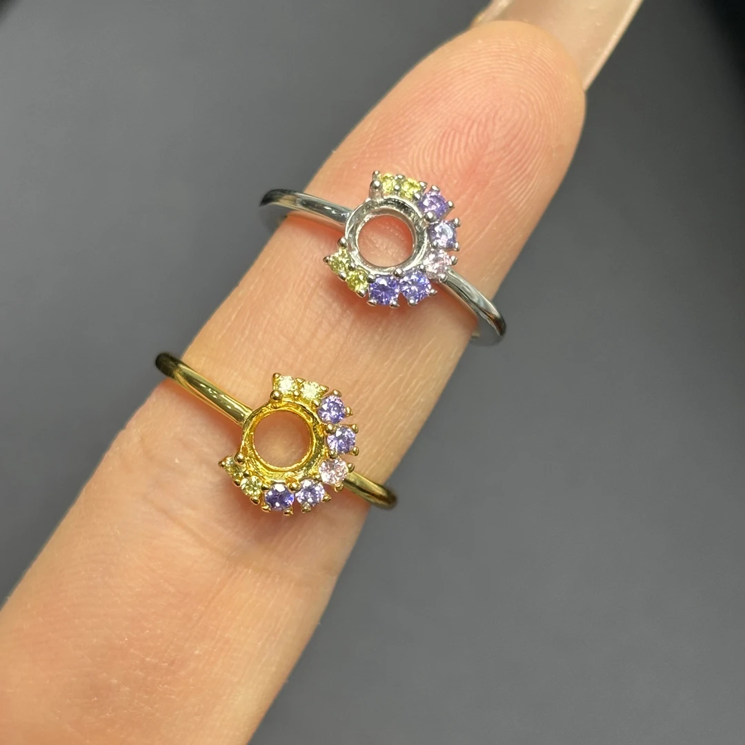 925银锆石戒指 925银戒指空托圆形6毫米配彩色锆石未镶嵌