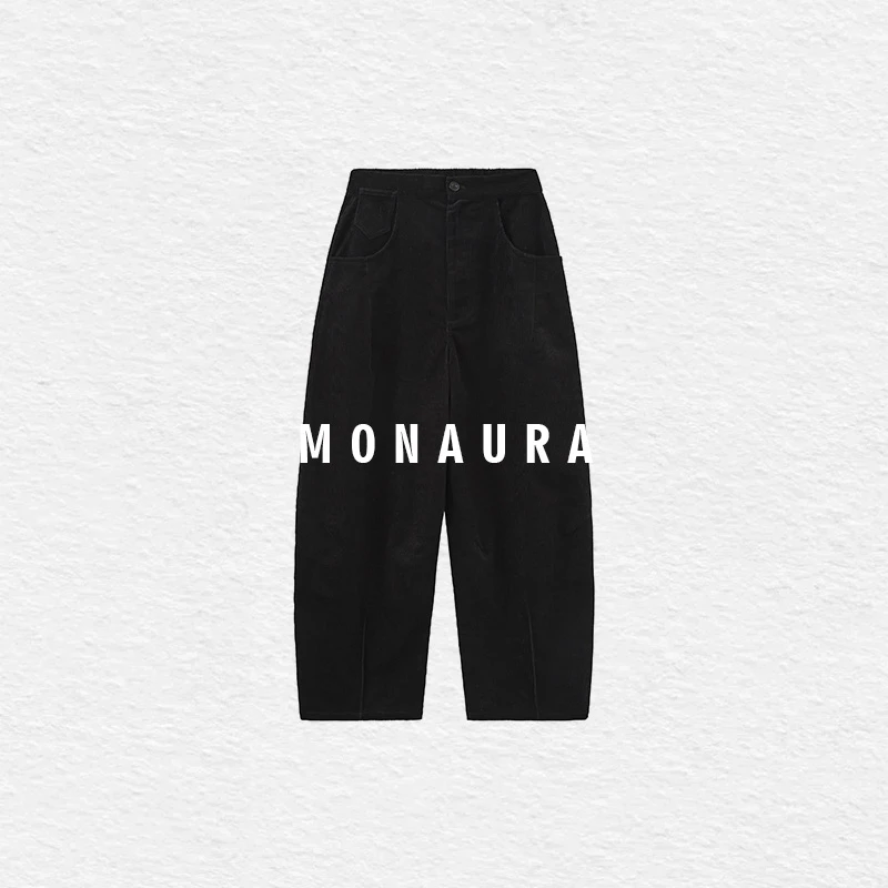 MONAURA【街头旅者】梭织休闲百搭黑色通勤风小弯刀高腰长裤9910